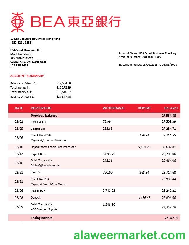 Bank of East Asia firm account statement Word and PDF template